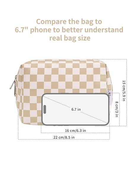 Checkered Makeup Bag Travel Cosmetic Bag Organizer Toiletry Bag Make Up Bags with Compartments for Women Girls (Large, Light Checkerboard)