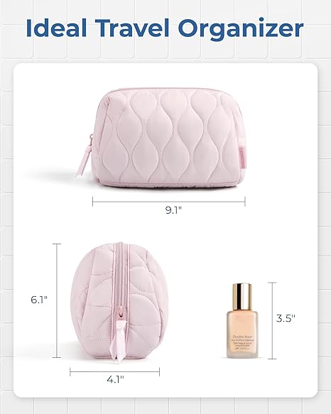 Makeup Bag, Travel Cosmetic Bag, Puffy Padded Make Up Bag for Women, Makeup Organizer Case, Wide-open Pouch Purse, Travel Essentials, Toiletries Accessories Brushes, Pink