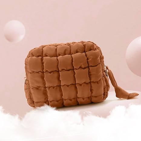 Puffy Makeup Bag Small Puffer Bag Cosmetic Bags Travel Toiletry Purse for Women, Cute Organizer Pouch, Toffee