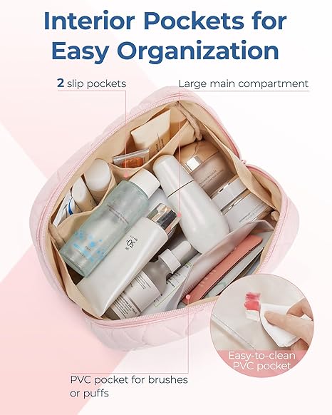 Makeup Bag, Travel Cosmetic Bag, Puffy Padded Make Up Bag for Women, Makeup Organizer Case, Wide-open Pouch Purse, Travel Essentials, Toiletries Accessories Brushes, Pink
