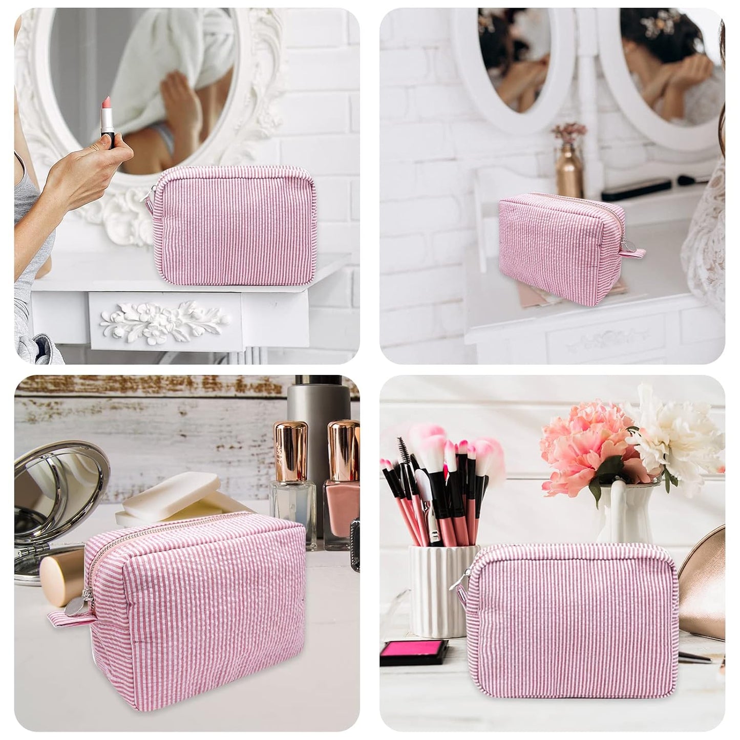Cosmetic Bag for Women, Large Makeup Bag, Travel Toiletry Stripe Cosmetic Bag, Seersucker Women Aesthetic Organizer Storage Pouch, Girls Handbags Purses (Pink)