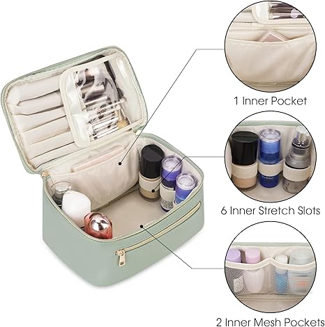 Makeup Bag, Travel Make Up Organizer Cosmetic Brush Bags Case for Women in Vegan Leather, Sage Green