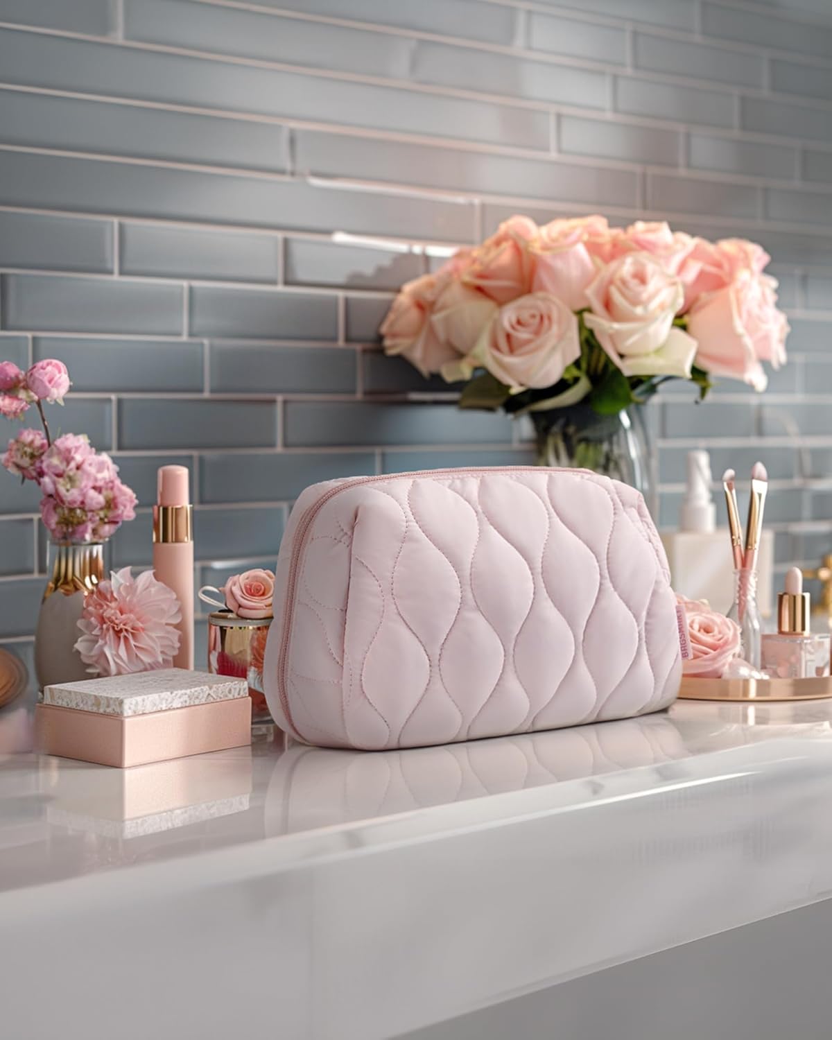 Makeup Bag, Travel Cosmetic Bag, Puffy Padded Make Up Bag for Women, Makeup Organizer Case, Wide-open Pouch Purse, Travel Essentials, Toiletries Accessories Brushes, Pink