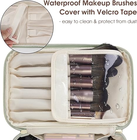Makeup Bag, Travel Make Up Organizer Cosmetic Brush Bags Case for Women in Vegan Leather, Sage Green