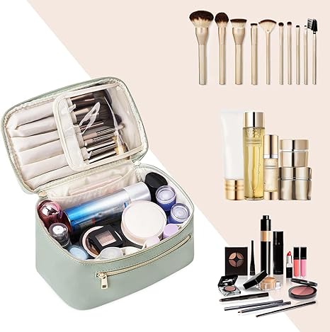 Makeup Bag, Travel Make Up Organizer Cosmetic Brush Bags Case for Women in Vegan Leather, Sage Green