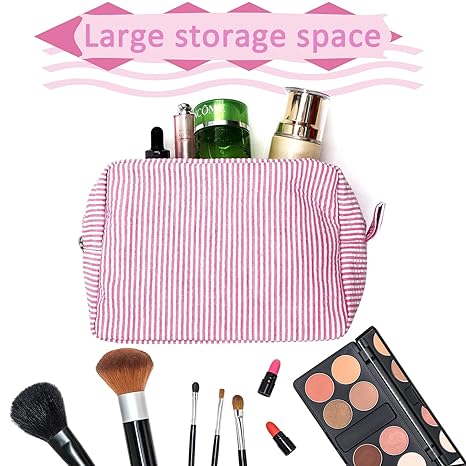 Cosmetic Bag for Women, Large Makeup Bag, Travel Toiletry Stripe Cosmetic Bag, Seersucker Women Aesthetic Organizer Storage Pouch, Girls Handbags Purses (Pink)