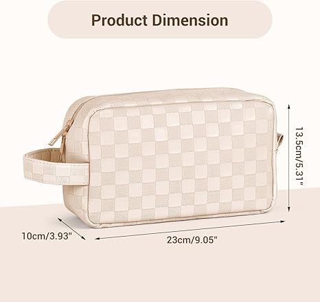 Makeup Bag, Checkered Travel Cosmetic Bag with Handle Leather Makeup Pouches for purse Make Up Bag Cute Makeup Bags for Women,Beige