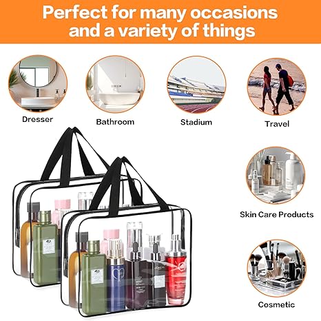 2-Piece Large Clear Makeup Cosmetic Organizer Bag, Plastic Tote Bags, Waterproof Transparent Handbag Purse
