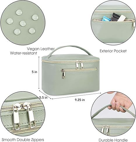 Makeup Bag, Travel Make Up Organizer Cosmetic Brush Bags Case for Women in Vegan Leather, Sage Green