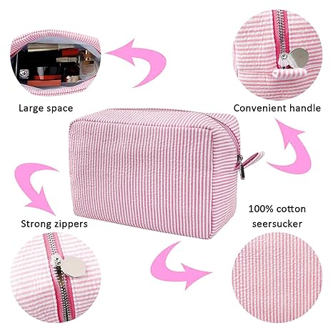 Cosmetic Bag for Women, Large Makeup Bag, Travel Toiletry Stripe Cosmetic Bag, Seersucker Women Aesthetic Organizer Storage Pouch, Girls Handbags Purses (Pink)