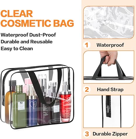 2-Piece Large Clear Makeup Cosmetic Organizer Bag, Plastic Tote Bags, Waterproof Transparent Handbag Purse