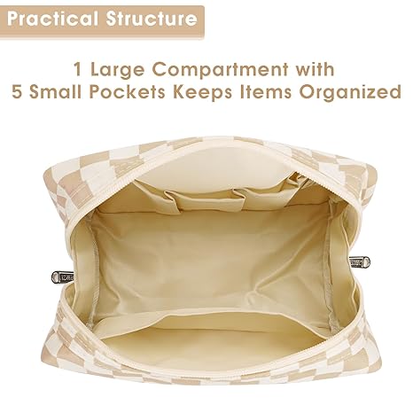 Checkered Makeup Bag Travel Cosmetic Bag Organizer Toiletry Bag Make Up Bags with Compartments for Women Girls (Large, Light Checkerboard)