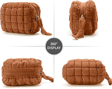 Puffy Makeup Bag Small Puffer Bag Cosmetic Bags Travel Toiletry Purse for Women, Cute Organizer Pouch, Toffee