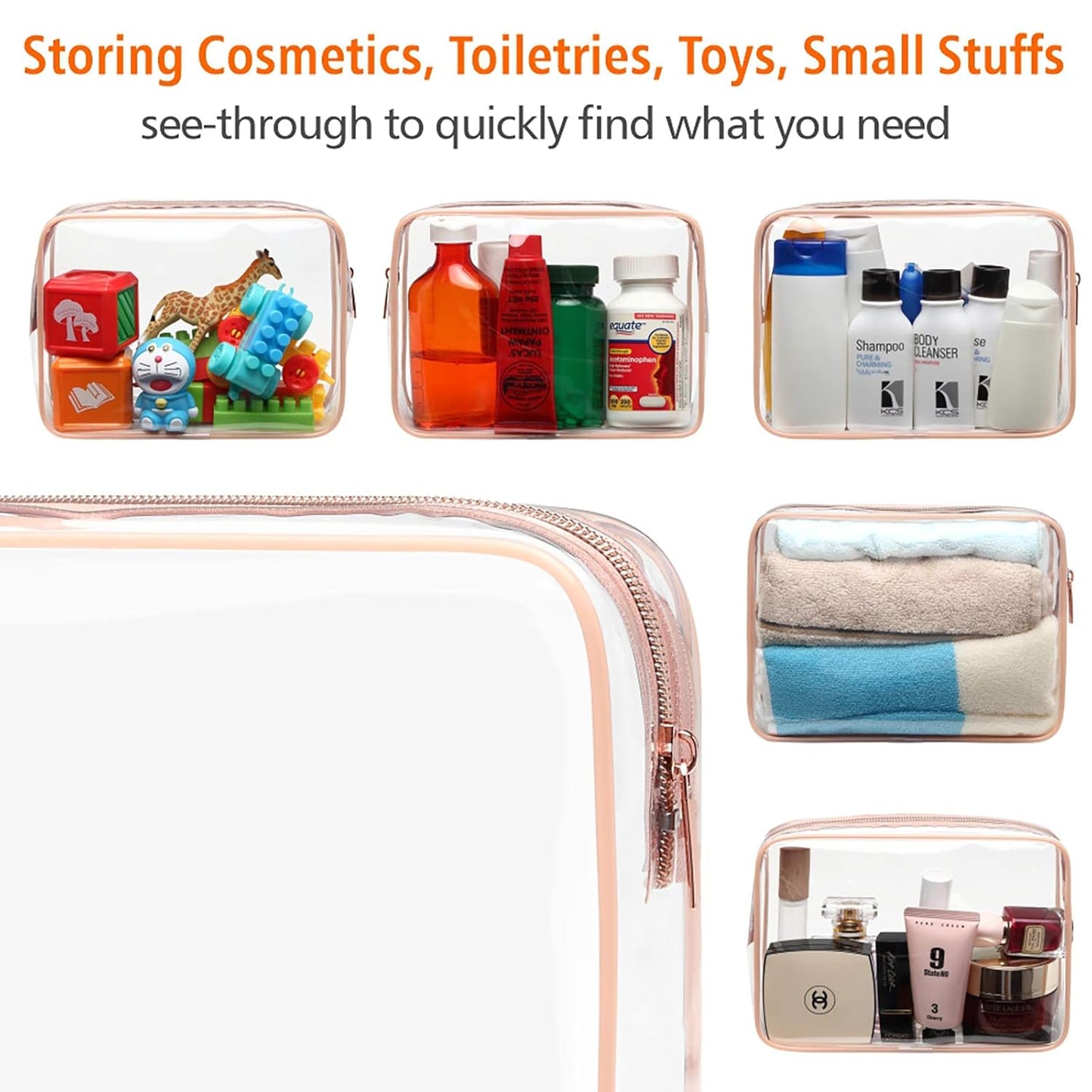 Clear Makeup Bag - Toiletry Bag for Travel Size Toiletries, Travel Clear Toiletry Bag Quart Size Bag, Carry on Airport Airline Compliant Bag, Rose Pink(for age 12 or above)
