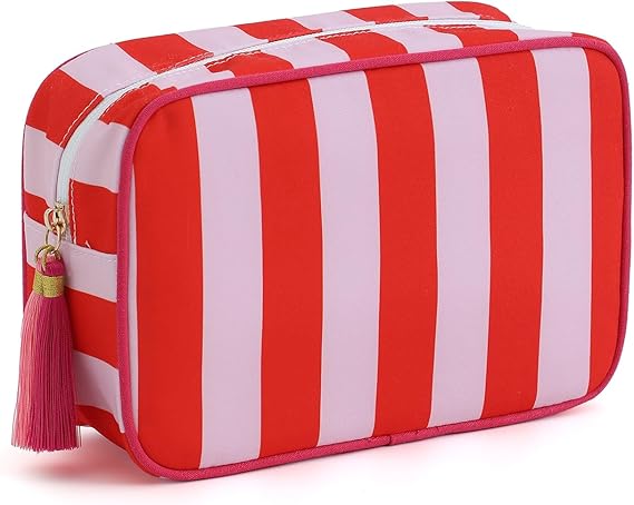 Stripe Makeup Bag Travel Cosmetic Bag Organizer Tassel Toiletry Bag Large Canvas Zipper Pouch and Accessories Storage Bag for Women