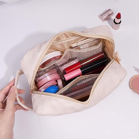 Makeup Bag, Checkered Travel Cosmetic Bag with Handle Leather Makeup Pouches for purse Make Up Bag Cute Makeup Bags for Women,Beige