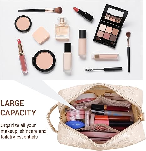 Makeup Bag, Checkered Travel Cosmetic Bag with Handle Leather Makeup Pouches for purse Make Up Bag Cute Makeup Bags for Women,Beige