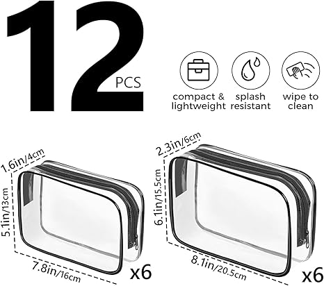Clear Makeup Bag, 12PCS Cosmetic Travel Toiletry Organizer, Quart Size Carry On Compliant, Water Resistant Airport Airline Essentials