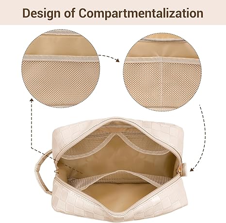 Makeup Bag, Checkered Travel Cosmetic Bag with Handle Leather Makeup Pouches for purse Make Up Bag Cute Makeup Bags for Women,Beige