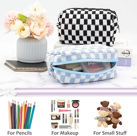 Checkered Makeup Bag for Purse Portable Zipper Make Up Pouch Small Cosmetic Case for Travel Accessories (Blue)