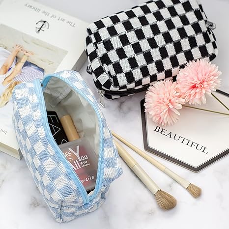 Checkered Makeup Bag for Purse Portable Zipper Make Up Pouch Small Cosmetic Case for Travel Accessories (Blue)