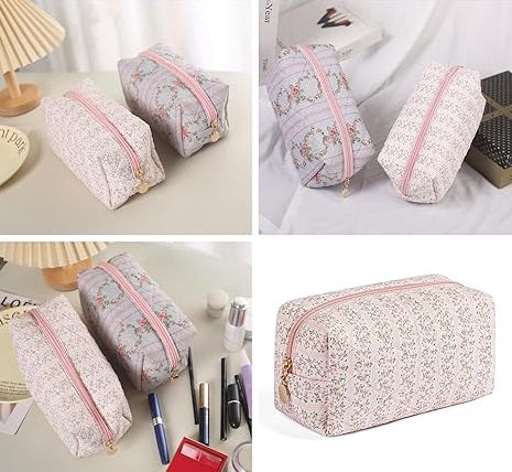 Makeup Bag Travel Cosmetic Bag for Women Girls, Zipper Make Up Pouch, Floral Flowers Toiletry Organizer Makeup, Portable Storage Cosmetic Travel Cloth Bag (Pink)