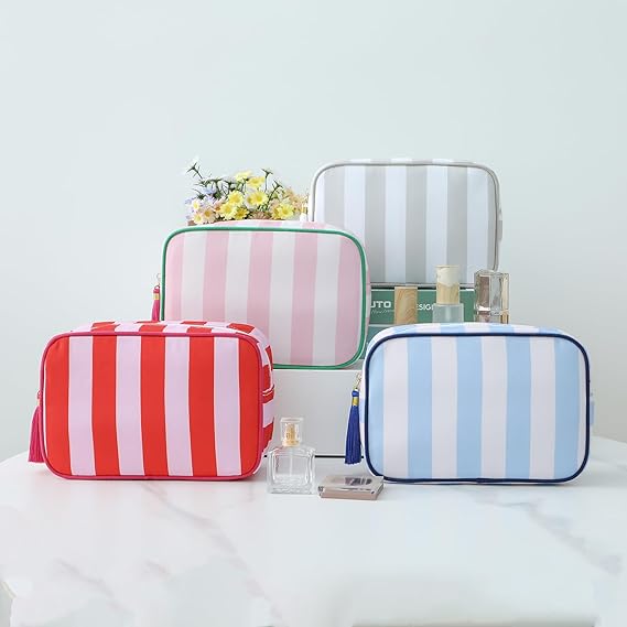 Stripe Makeup Bag Travel Cosmetic Bag Organizer Tassel Toiletry Bag Large Canvas Zipper Pouch and Accessories Storage Bag for Women