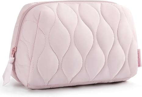 Makeup Bag, Travel Cosmetic Bag, Puffy Padded Make Up Bag for Women, Makeup Organizer Case, Wide-open Pouch Purse, Travel Essentials, Toiletries Accessories Brushes, Pink