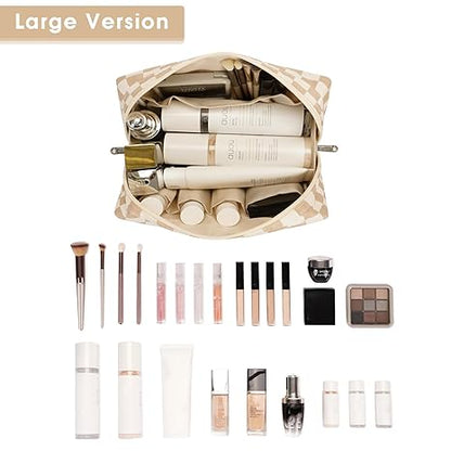 Checkered Makeup Bag Travel Cosmetic Bag Organizer Toiletry Bag Make Up Bags with Compartments for Women Girls (Large, Light Checkerboard)