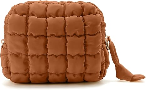 Puffy Makeup Bag Small Puffer Bag Cosmetic Bags Travel Toiletry Purse for Women, Cute Organizer Pouch, Toffee