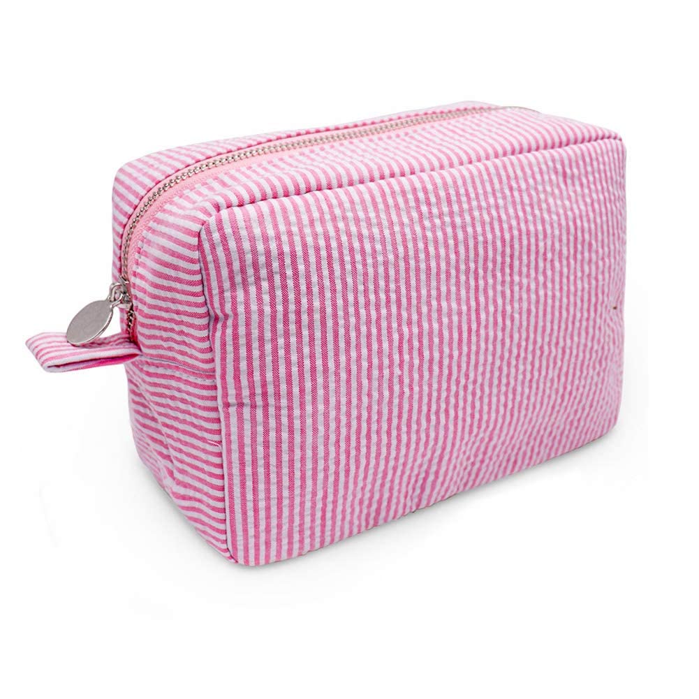 Cosmetic Bag for Women, Large Makeup Bag, Travel Toiletry Stripe Cosmetic Bag, Seersucker Women Aesthetic Organizer Storage Pouch, Girls Handbags Purses (Pink)
