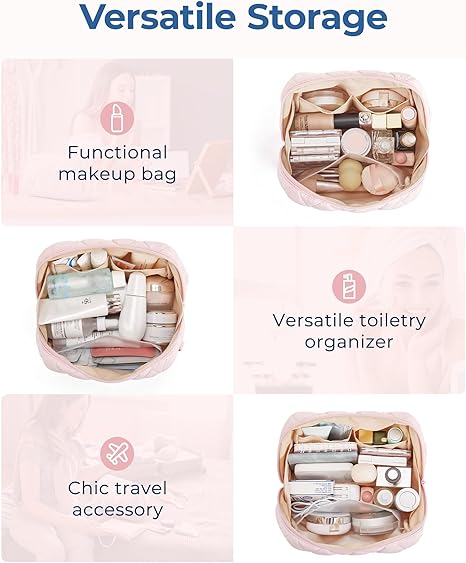 Makeup Bag, Travel Cosmetic Bag, Puffy Padded Make Up Bag for Women, Makeup Organizer Case, Wide-open Pouch Purse, Travel Essentials, Toiletries Accessories Brushes, Pink