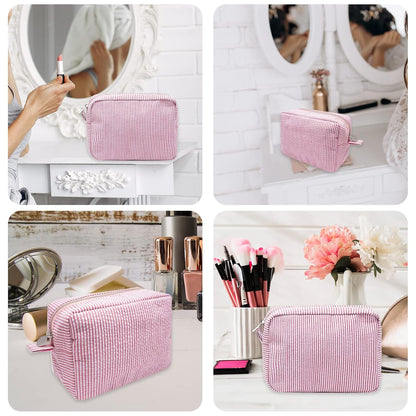 Cosmetic Bag for Women, Large Makeup Bag, Travel Toiletry Stripe Cosmetic Bag, Seersucker Women Aesthetic Organizer Storage Pouch, Girls Handbags Purses (Pink)