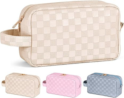 Makeup Bag, Checkered Travel Cosmetic Bag with Handle Leather Makeup Pouches for purse Make Up Bag Cute Makeup Bags for Women,Beige