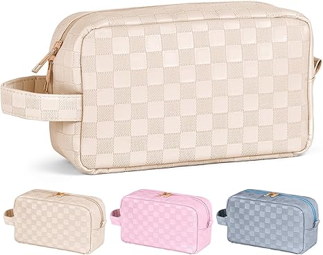 Makeup Bag, Checkered Travel Cosmetic Bag with Handle Leather Makeup Pouches for purse Make Up Bag Cute Makeup Bags for Women,Beige
