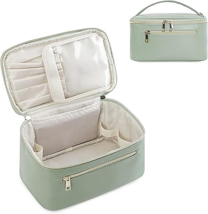 Makeup Bag, Travel Make Up Organizer Cosmetic Brush Bags Case for Women in Vegan Leather, Sage Green