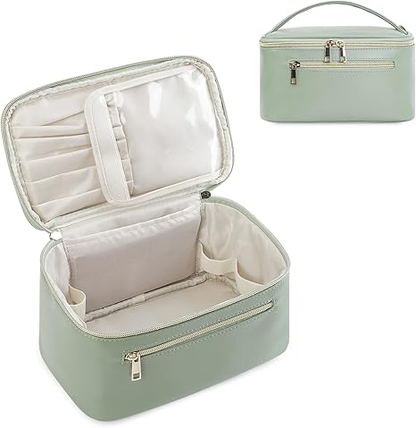 Makeup Bag, Travel Make Up Organizer Cosmetic Brush Bags Case for Women in Vegan Leather, Sage Green