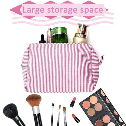 Cosmetic Bag for Women, Large Makeup Bag, Travel Toiletry Stripe Cosmetic Bag, Seersucker Women Aesthetic Organizer Storage Pouch, Girls Handbags Purses (Pink)