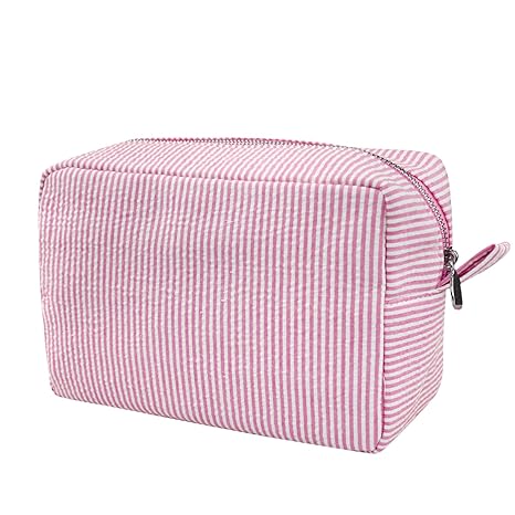 Cosmetic Bag for Women, Large Makeup Bag, Travel Toiletry Stripe Cosmetic Bag, Seersucker Women Aesthetic Organizer Storage Pouch, Girls Handbags Purses (Pink)