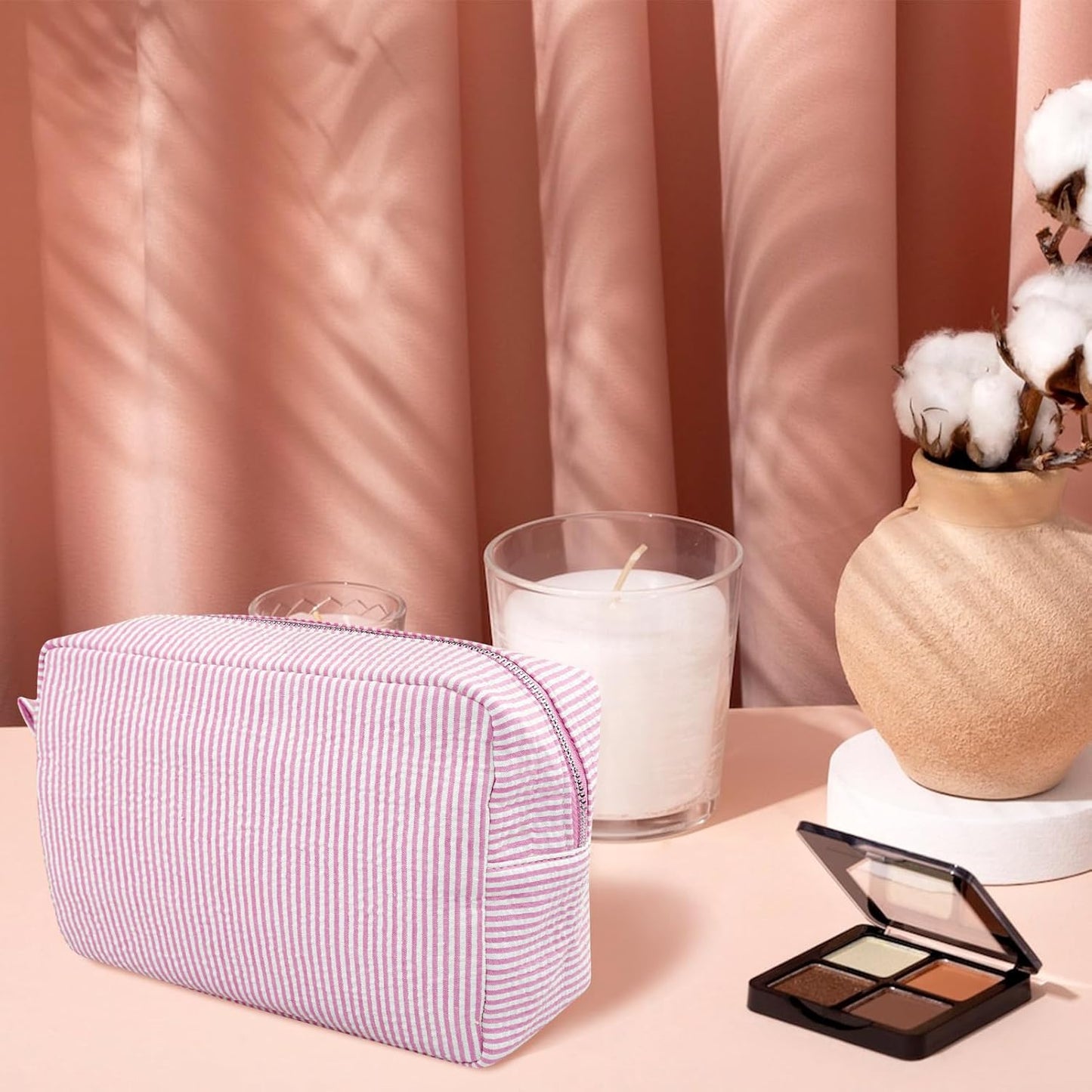 Cosmetic Bag for Women, Large Makeup Bag, Travel Toiletry Stripe Cosmetic Bag, Seersucker Women Aesthetic Organizer Storage Pouch, Girls Handbags Purses (Pink)