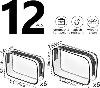 Clear Makeup Bag, 12PCS  Cosmetic Travel Toiletry Organizer, Quart Size Carry On Compliant, Water Resistant Airport Airline Essentials