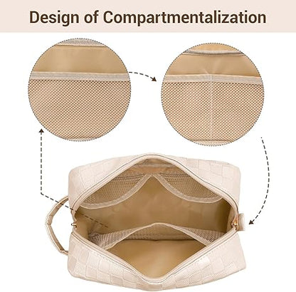 Makeup Bag, Checkered Travel Cosmetic Bag with Handle Leather Makeup Pouches for purse Make Up Bag Cute Makeup Bags for Women,Beige