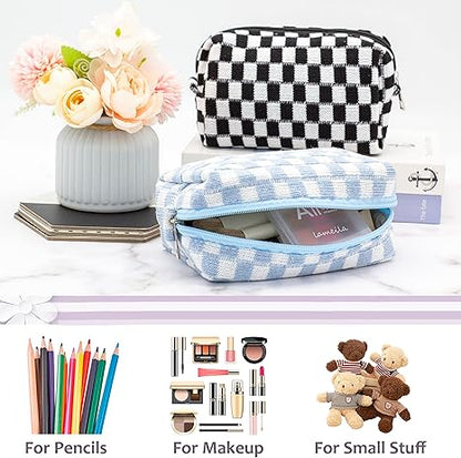 Checkered Makeup Bag for Purse Portable Zipper Make Up Pouch Small Cosmetic Case for Travel Accessories (Blue)