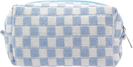 Checkered Makeup Bag for Purse Portable Zipper Make Up Pouch Small Cosmetic Case for Travel Accessories (Blue)