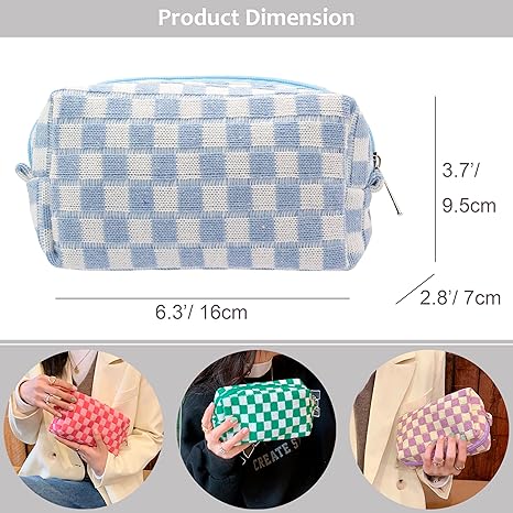 Checkered Makeup Bag for Purse Portable Zipper Make Up Pouch Small Cosmetic Case for Travel Accessories (Blue)