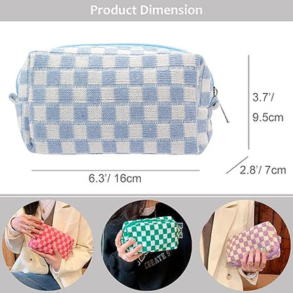 Checkered Makeup Bag for Purse Portable Zipper Make Up Pouch Small Cosmetic Case for Travel Accessories (Blue)